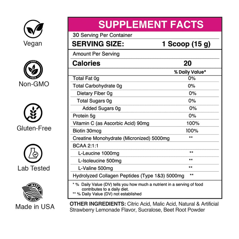 Gaspari Nutrition Proven Creatine for Women, 5g of Creatine, 5g of Collagen, Vitamin C and Collagen, Clean, Natural Formula, Electrolytes for Hydration (30 Servings, Strawberry Lemonade) 15.86 Ounce (Pack of 1)