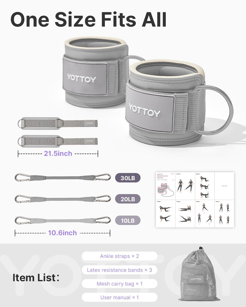 YOTTOY Ankle Resistance Bands with Cuffs, Adjustable Ankle Straps for Leg & Glute Workout, Butt Exercise Bands for Cable Machines Women, Perfect for Hip Fitness & Booty Training Grey - BeesActive Australia