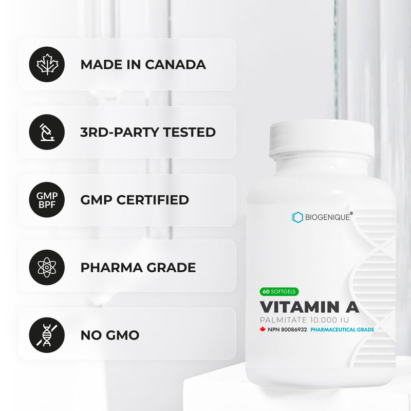 Biogenique Vitamin A - 60 Softgels 10,000 IU - Helps Support Eye, Skin Health and Immune System - 2 Months Supply Vitamin A Supplement Made in Canada, Non-GMO