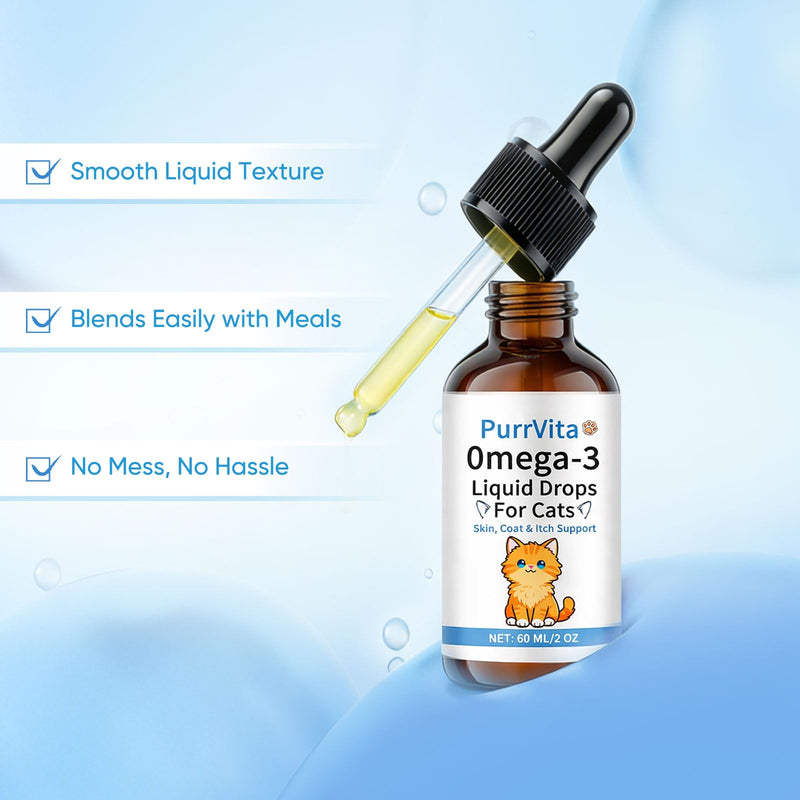 PurrVita Omega-3 Liquid Drops for Cats – Supports Healthy Skin & Coat, Natural Fish Oil Supplement for Feline Wellness 60ml (1) 1