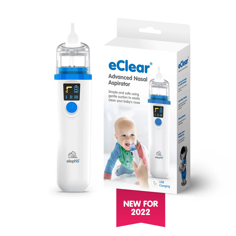 Elepho eClear Advanced Baby Nasal Aspirator. Easy-to-Use with Overflow Protection Technology. Multiple Suction Settings Use for Babies and Children. Single Button Use. Easy Cleaning. USB Rechargeable