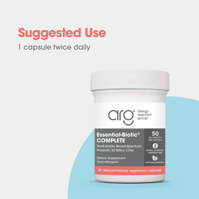 ARG Essential Biotic Complete 50 Billion CFU Probiotic, 60 Capsules | 50 Billion CFU Delayed Release Probiotic for Gut and Digestive Support, Hypoallergenic Vegetarian Capsules
