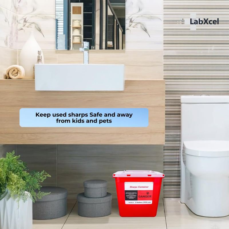 Polypropylene 2 Gallons Sharps Container with Cap ‚Äì Needle & Syringe Disposal for Home & Professional Use, Free Standing, Translucent Sliding Lid, PVC-Free Medical Waste Bin ‚Äì Red, 2 Count
