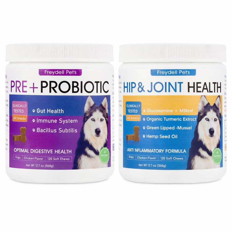 Freydell Pets Dog Probiotics + Hip & Joint Support Bundle – Pre + Probiotics for Digestive & Gut Health with Glucosamine Joint Support Soft Chews – Mobility, Cartilage, Immune Support & Overall Dog We