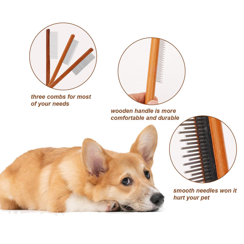 3pcs Grooming Comb for Pets, Solid Wooden Cat Combs with Wide & Narrow Rounded-Tip Teeth Pet Hair Comb Metal Flea Lice Tick Comb for Cats Dogs Rabbits Tangled Hair (3 Sizes） - BeesActive Australia