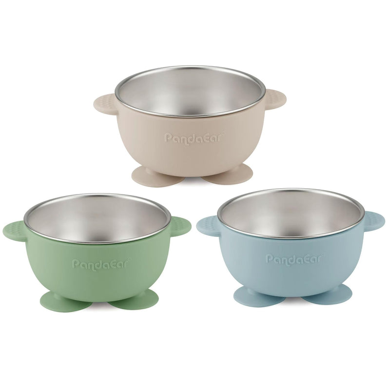 PandaEar 3 Pack Stainless Steel Baby Suction Bowls, Non-Slip Child Food Bowl with Silicone Sleeve for Kids Toddlers Infants, Unbreakable & Mess Free (Blue Green Brown) Blue Green Brown