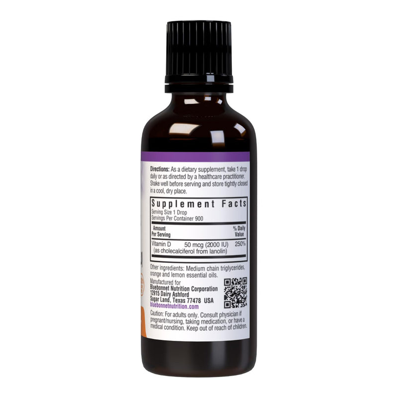 Bluebonnet Vitamin D3 2000IU 50mcg Strong Bones & Immune Support Supplement - Liquid Vitamins for Women & Men - Lanolin Vit D Drops with MCT Oil - Non-GMO, Vegetarian - Citrus Flavor - 1 Fl Oz | Non-GMO, Vegetarian