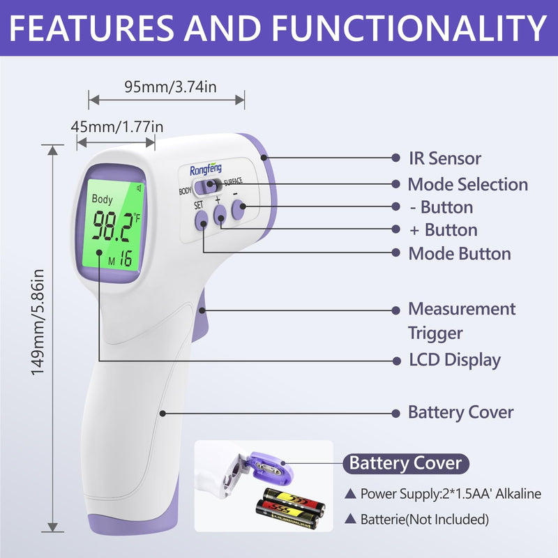 No-Touch Forehead Thermometer for Adults and Kids, Digital Thermometer with Fever Alarm, 3 Backlit and 32 Memories Fast Accurate Results, Easy for All Ages, Basal Thermometer Purple
