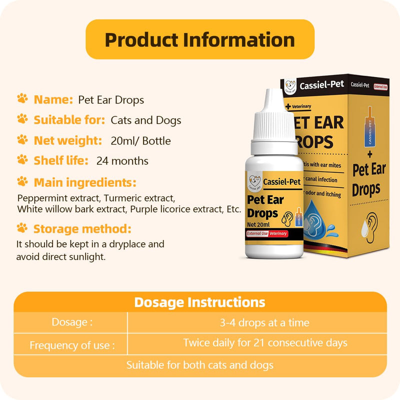 Ear Drops for Ear Infection Treatment, Ear Mites Treatment, Dog Yeast Soothing Cleansing, Ear Wax Removal, Itchy Ear Relief for Dogs and Cats | 20 ml 0.67 FL OZ 1 Bottle