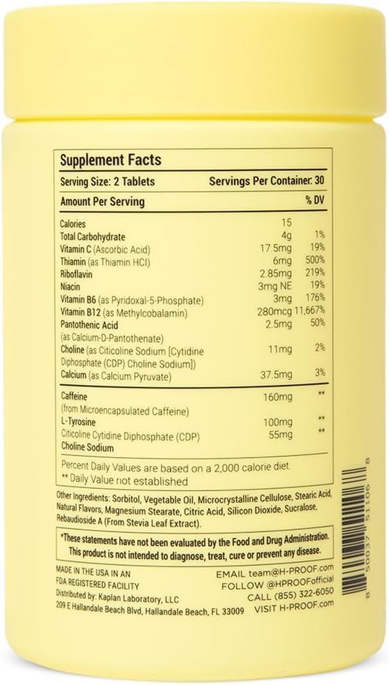 H-PROOF The Anytime You Need Energy Vitamin, 60 Chewable Tablets | 30 Servings, Science-Supported Energy & Focus, Jitter-Free Caffeine, Citicoline, L-Tyrosine, B Vitamins Mixed Berry