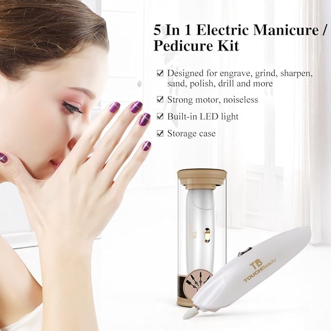 TOUCHBeauty Electric Nail Care, Electric Nail File, Nail Drill, Set of 5, LED Light, Exfoliating, Cuticle Treatment, Nail File, Electric Nail Polish, Electric Nail Machine, Low Vibration, Low Noise, Convenient Storage (Gold) - BeesActive Australia