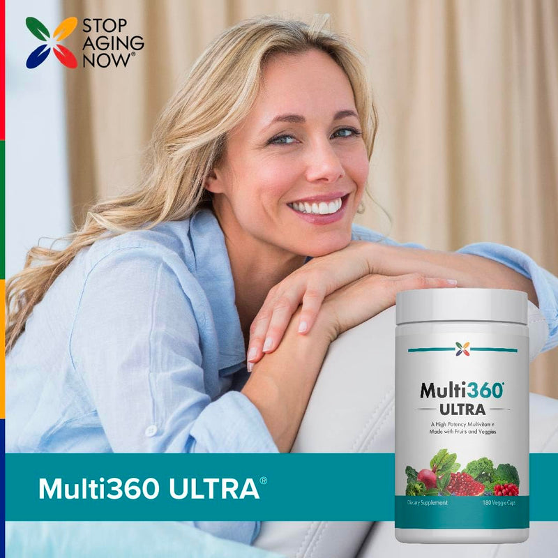 Stop Aging Now - Multi360 - Multivitamin Supplement with Fruits and Veggies - Folate, Zinc, Vitamin C, & B-12 - for Adults Women & Men - 180 Veggie Capules