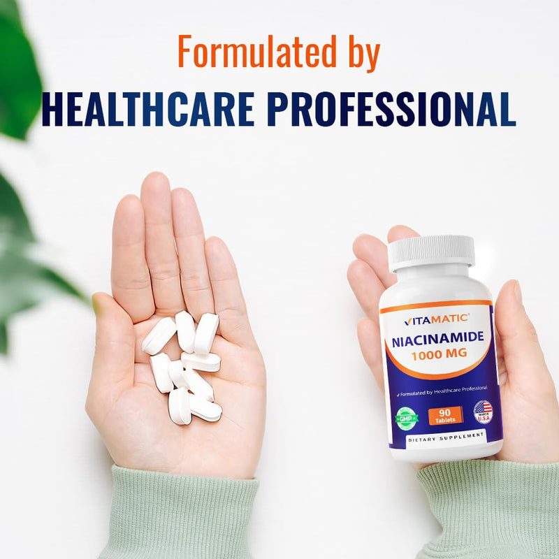 Vitamatic Niacinamide 1000 mg 90 Tablets - Flush Free Vitamin B3 - Supports Energy Production 90 Count (Pack of 1)