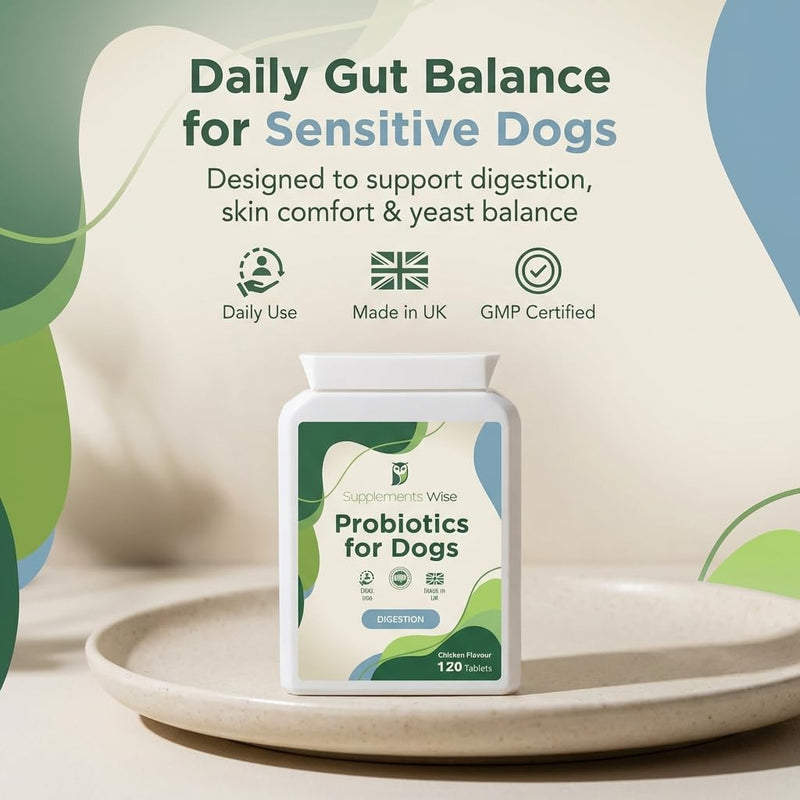 Probiotics For Dogs - Yeast Balance - Dog Probiotic for Gut Health - Dog Supplements for Itch Relief, Diarrhea, Wind, Anal Gland - Tummy Settler - 120 Tablets with Prebiotics and Digestive Enzymes