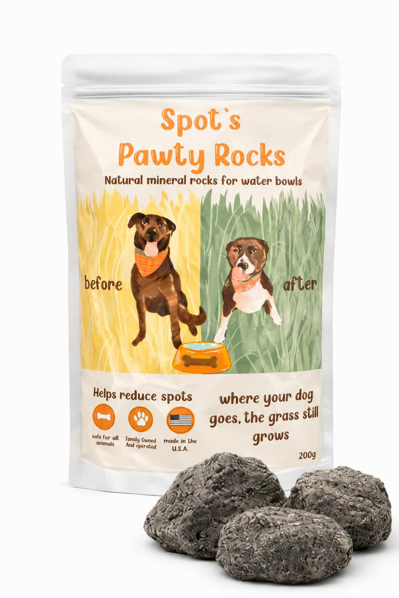 Spot's Pawty Rocks – Dog Water Bowl Rocks for Lawn Protection | Natural mineral rocks for dog water bowls that may help reduce yellow grass spots caused by dog urine.