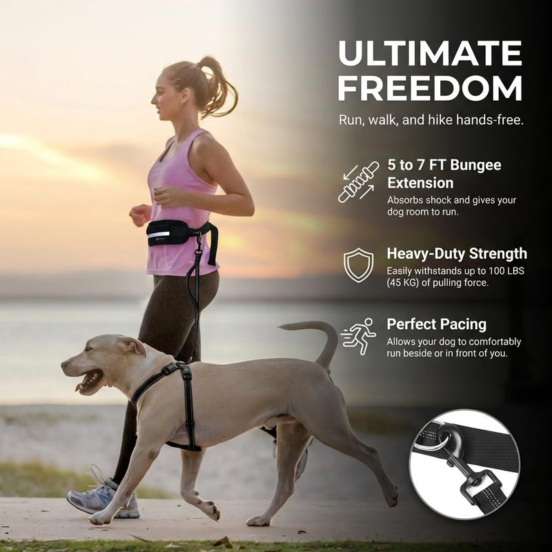 Tails & Tales Hands Free Dog Leash with Lightweight Waist Pouch for Walking Running Hiking, Adjustable Belt 25-45", Dual Padded Handles, Reflective Bungee Design for Small to Large 100lb Dogs (Gray) Gray - BeesActive Australia