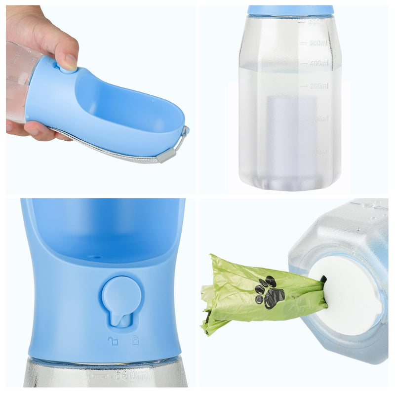 Dog Water Bottle with Food Container, Portable Pet Dog Water Dispenser for Outdoor Walking,Hiking,Travel,Puppy essentials,Puppy supplies,Replaceable Waste Bags 20oz Blue - BeesActive Australia