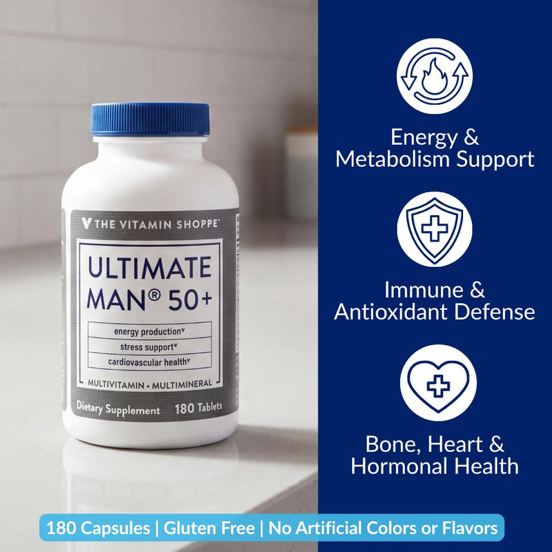The Vitamin Shoppe Brand Ultimate Man 50+ Multivitamin, 180 Tablets | Daily Multivitamin for Men With Vitamins, Minerals & Antioxidants for Energy, Immune & Overall Wellness Support, Gluten Free