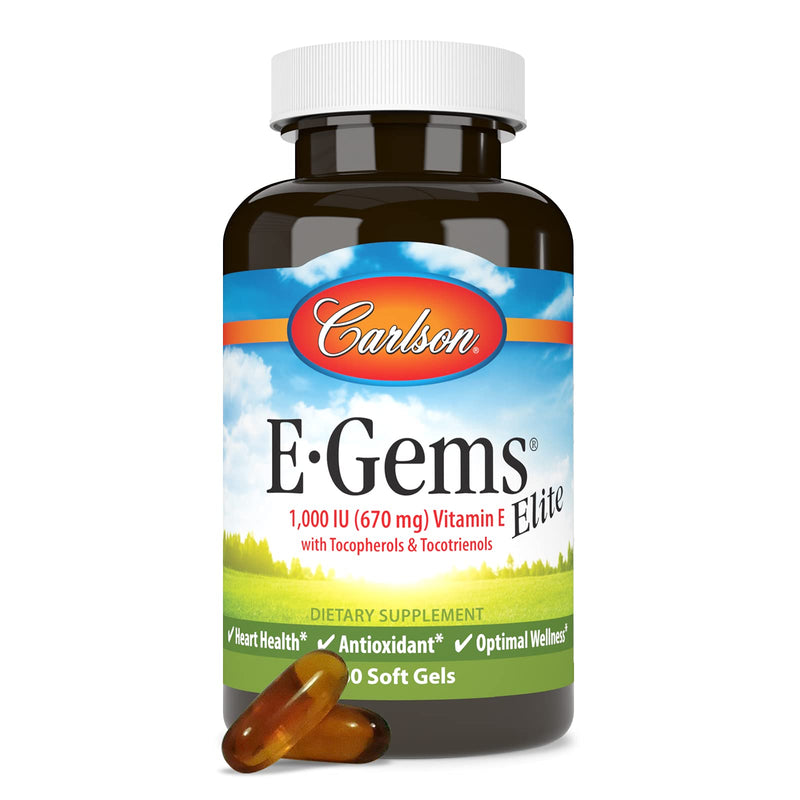 Carlson E-Gems Elite, 1000 IU (670 mg), Optimal Wellness, 60 Softgels | Vitamin E with Tocopherols and Tocotrienols