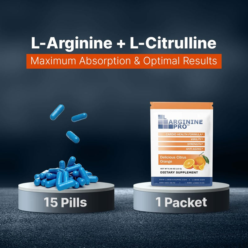 Supplement Powder | 30 Packets Single Serve Travel Size | 5,500mg of L-arginine Plus 1,100mg L-Citrulline, Orange