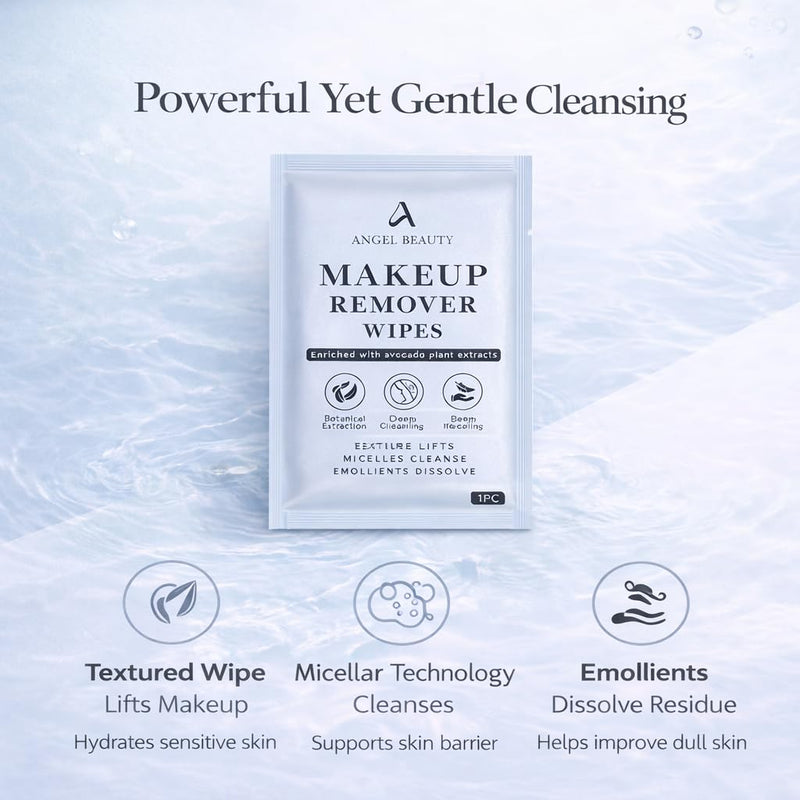 Angel Beauty Makeup Remover Wipes – 30 Individually Wrapped Micellar Face Wipes Singles – Daily Gentle Facial Cleanser with Aloe, Avocado & Vitamin C – Alcohol-Free, Paraben-Free, Travel-Friendly