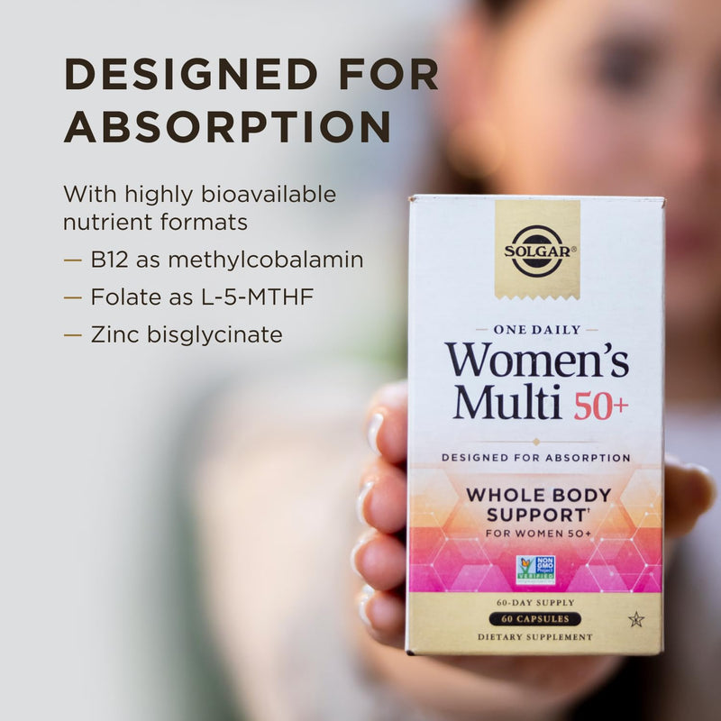 Solgar One Daily Women's Multi 50+ Whole Body Support, 60 Servings | Highly Absorbable Heart, Bone, & Breast Health, Energy, Stress, Hair Skin & Nails Multivitamin, 60 Vegan Capsule Servings