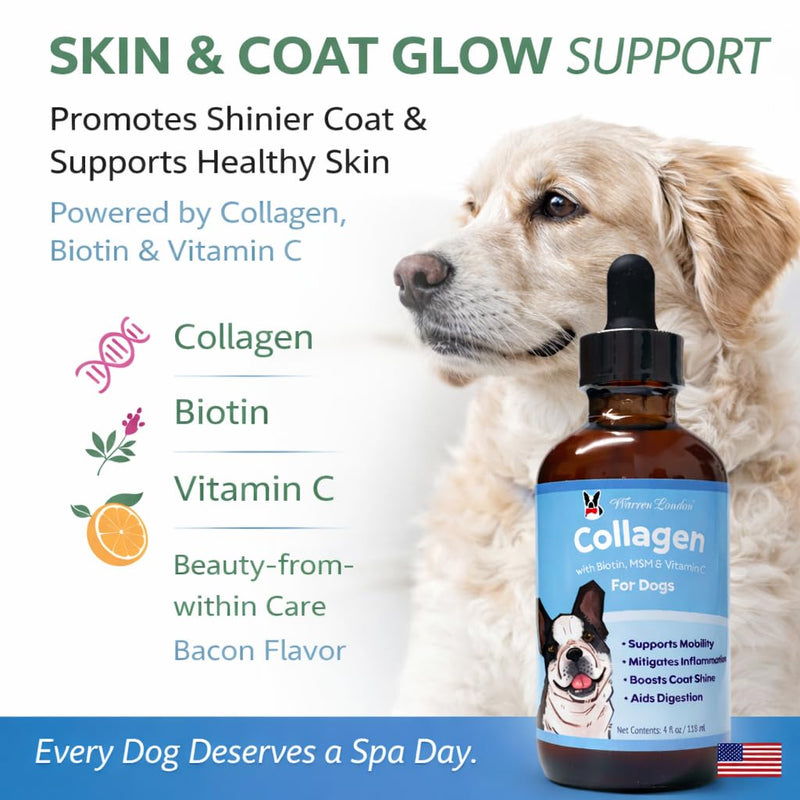 Warren London Liquid Collagen for Dogs – Skin & Coat Support, Joint Mobility Supplement with Collagen Peptides, MSM, Biotin & Vitamin C – Shedding Support Food Topper, Bacon Flavor, Made in USA