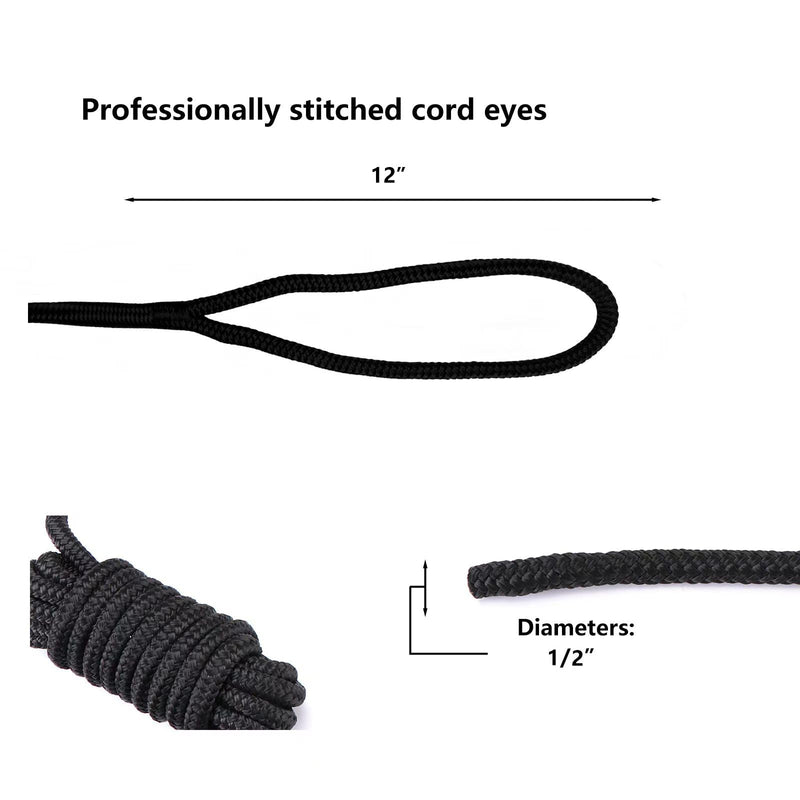 Dock Lines Boat Rope, Double Braided,1/2 inch Diameter, 15 Feet Long, with 12 inch Splicing Eyelets, for Mooring Small to Medium Sized Boats up to 35 Feet. (Black, 1/2" x 15', 2 Pack) 1/2" x 15'（2 Pack） Black