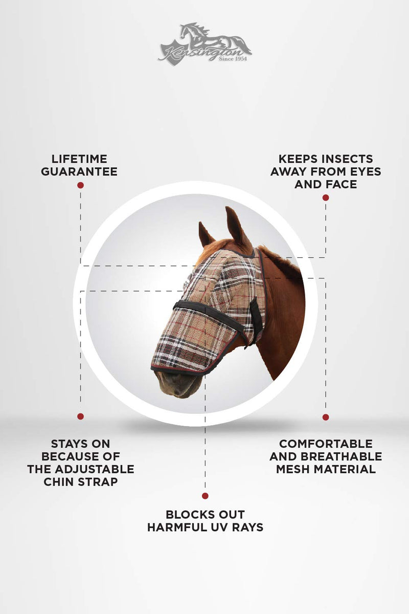 Kensington Signature Fly Mask with Removable Nose — Protects Horses Face and Nose from Biting Insects and UV Rays While Allowing Full Visibility — Ears and Forelock Able to Come Through The Mask Large 121 - Deluxe Black - BeesActive Australia