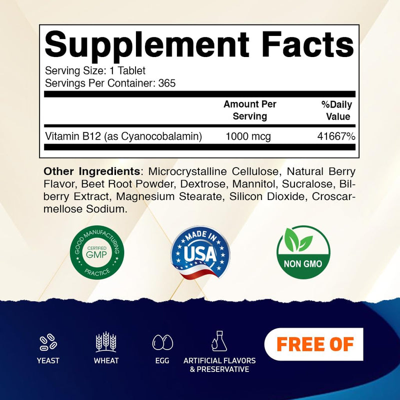 Vitamatic Vitamin B12 1000 mcg Fast Dissolve Tablets – Natural Berry Flavor – 365 Tablets per Bottle - 2 Bottles – Supports Energy Metabolism & Nervous System Health