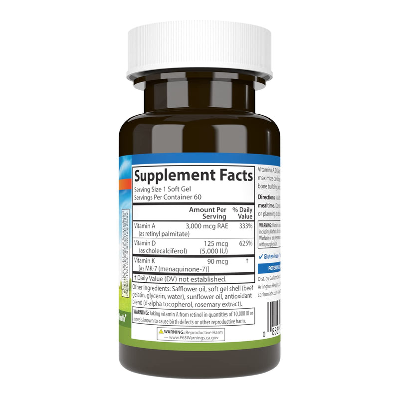 Carlson Vitamins A, D3, K2, 60 Soft Gels | 3000 mcg RAE Vitamin A; 125 mcg Vitamin D3; 90 mcg Vitamin K2 as MK-7; Bone Building; Calcium Utilization 60 Count (Pack of 1)