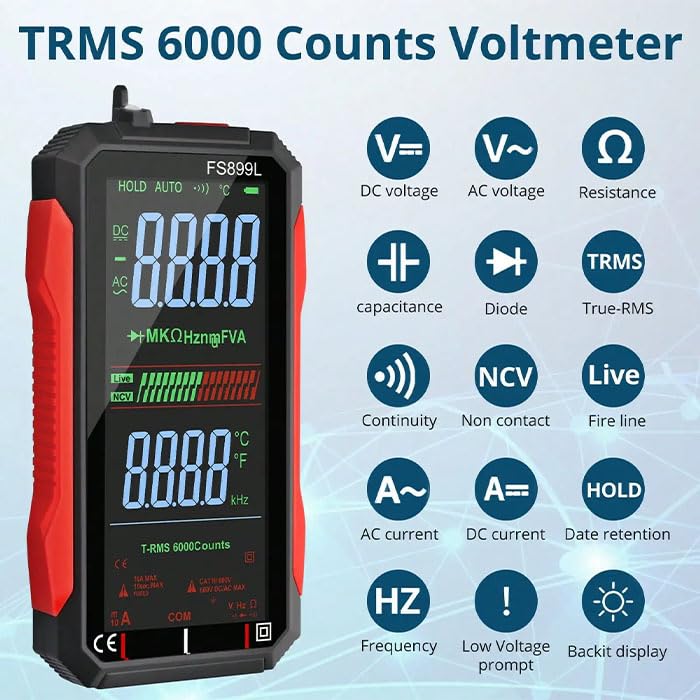 USB Rechargeable Digital Multimeter 6000 Counts Large Color Screen & Backlight FS899L Smart Auto Ranging Multimeter True RMS Digital Voltmeter Multi Meter Digital Tester for Automotive Home - BeesActive Australia