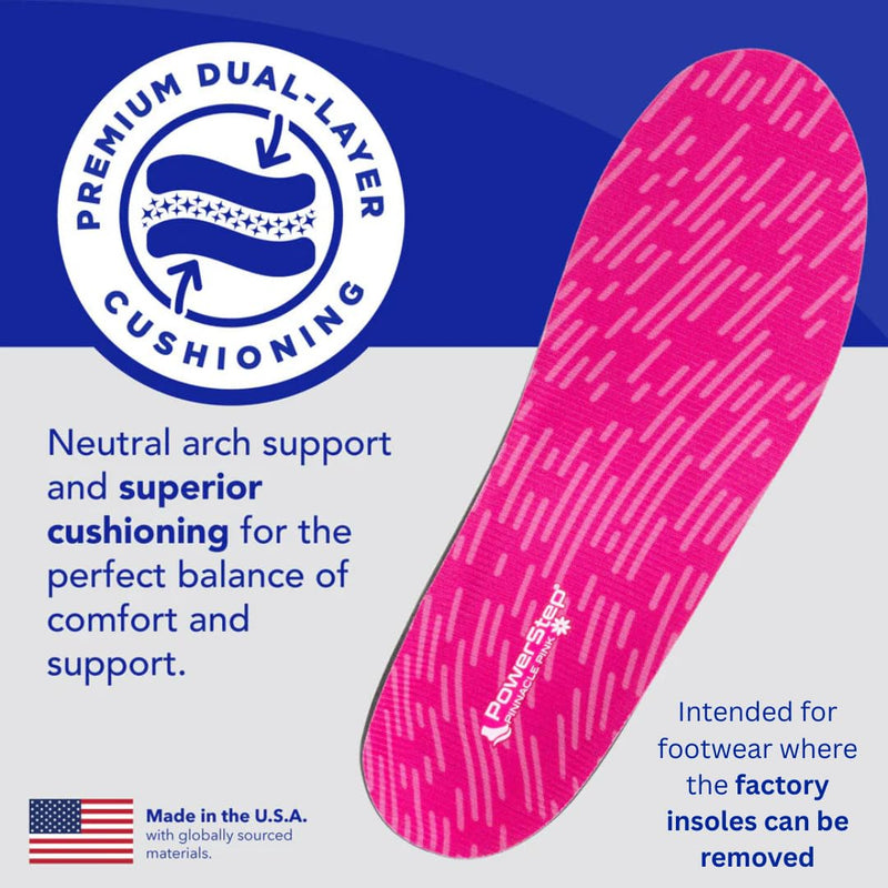 PowerStep Pinnacle Pink Orthotics for Women, Arch Support Inserts, Plantar Fasciitis Relief, Made in USA, Shoe Inserts, Maximum Cushioning, Deep Heel Cup for Pronation Women's 9-9.5 / Men's 7-7.5 - BeesActive Australia