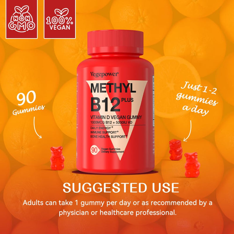 Vegan Vitamin D3 & B12 Gummies, Methyl B12 Supplement for Adults & Kids | Enhanced with Vitamin D for Natural Energy, Immune, Metabolism & Focus, Orange, 90 Gummies 90 Count (Pack of 1)