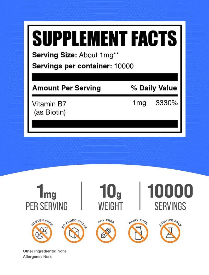 BulkSupplements.com Pure Biotin Powder - as Vitamin B7, Biotin Vitamins for Hair, Skin and Nails - Gluten Free, 1mg per Serving, 10g (0.35 oz) (Pack of 1) 0.35 Ounce (Pack of 1)
