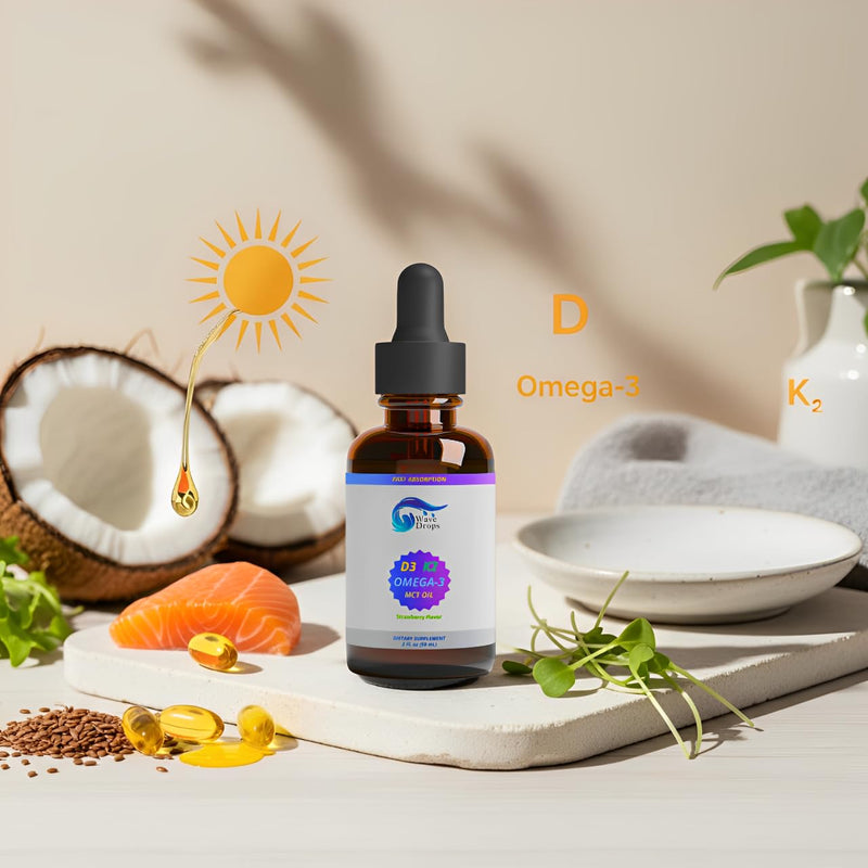 Vitamin D3 & K2 with MCT Oil & Omega 3: Liquid Drops, No Fillers, Non-GMO, 2 Fl Oz