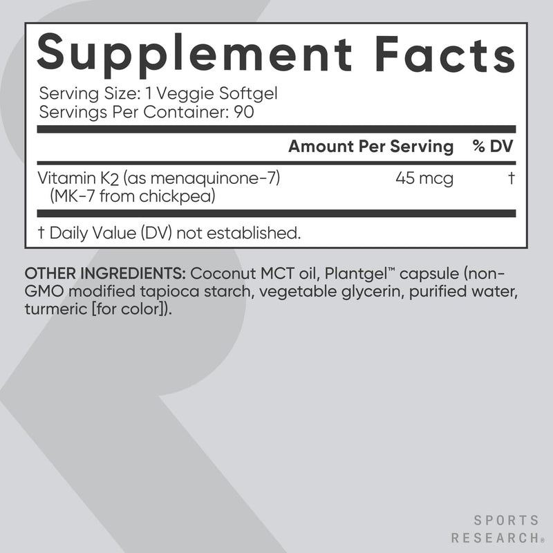 Sports Research Vitamin K2 as MK-7 45mcg with Coconut MCT Oil - 90 Veggie Softgels (3 Month Supply) Vegan Certified, Non-GMO Verified, Gluten & Soy Free 90 Count (Pack of 1) - BeesActive Australia