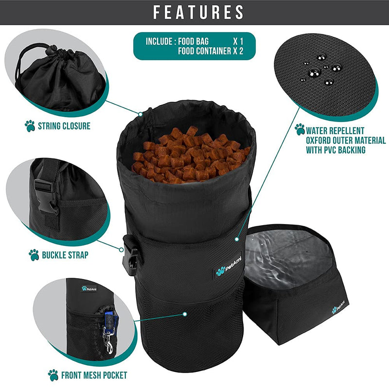 PetAmi Dog Food Travel Bag | Kibble Carrier for Dogs with Collapsible Dog Water Bowls Kit | Pet Food Travel Container Storage for Camping, Hiking Gear Accessories (Black, Grey) Food Bag & Collapsible Bowls Black & Gray - BeesActive Australia