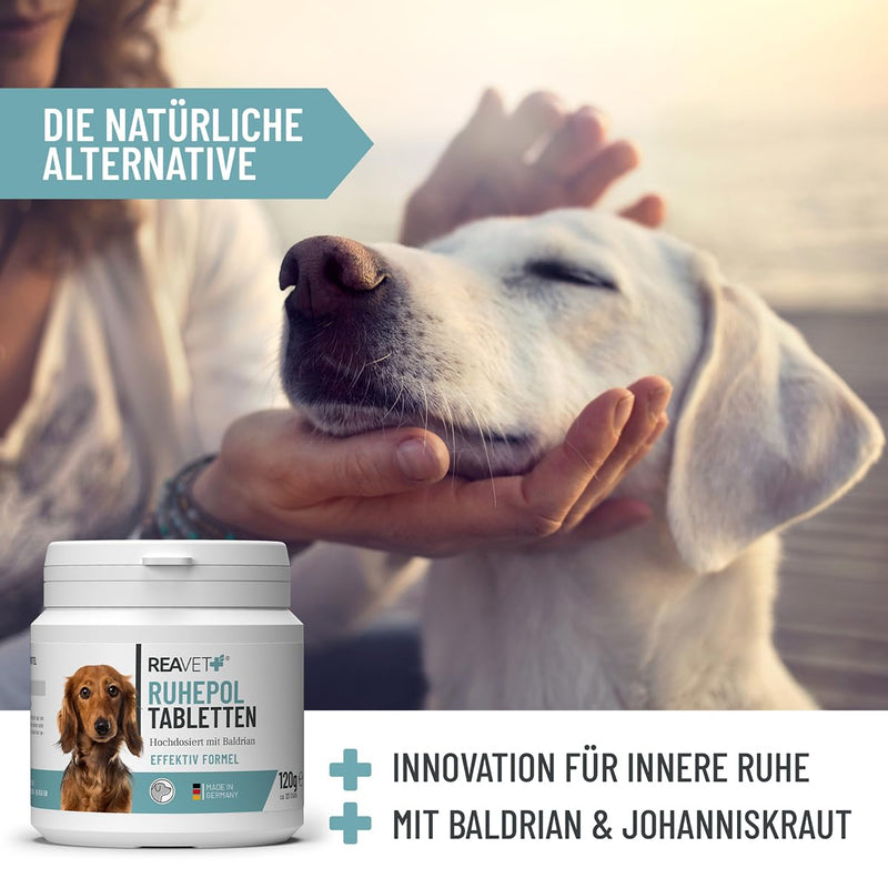 ReaVET Ruhepol tablets for dogs 120 pieces - with valerian and St. John's wort I Feel good, moving, New Year's Eve, loss with high acceptance - BeesActive Australia