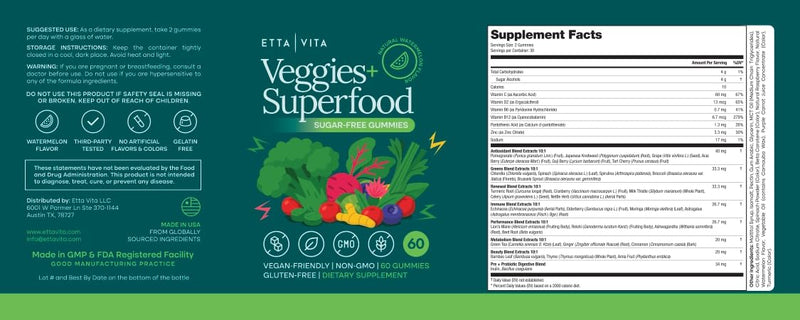 Sugar-Free Fruits and Veggies Gummies with Vitamins & Minerals (120 Chews) | Nutrient rich super greens gummies as digestive & probiotic blend for antioxidant & energy support, vegan, gluten-free, USA