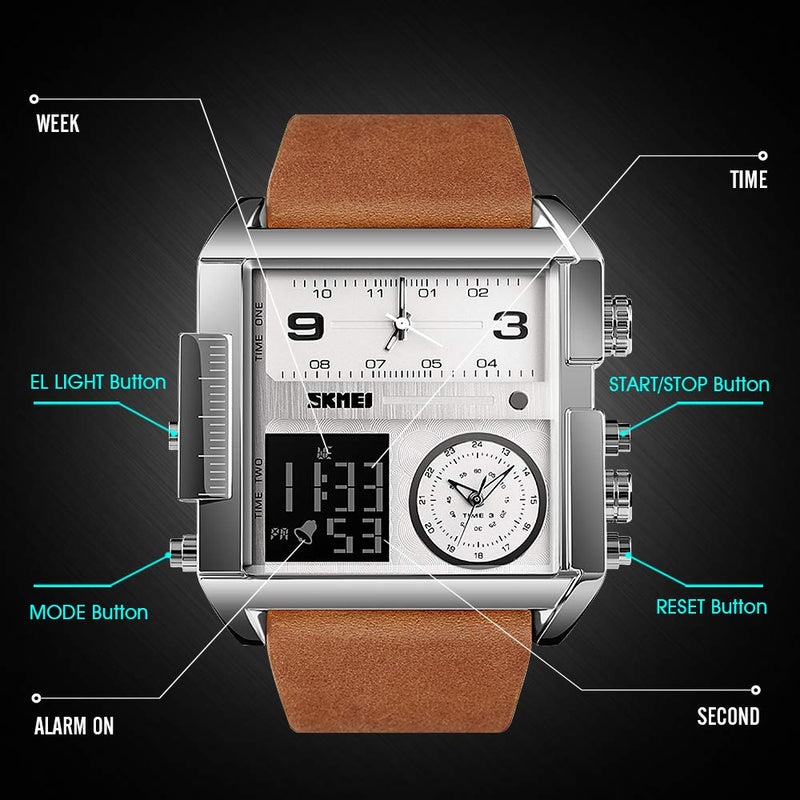 SKMEI Men's Digital Sports Watch, LED Square Large Face Analog Quartz Wrist Watch with Multi-Time Zone Waterproof Stopwatch Silver Brown