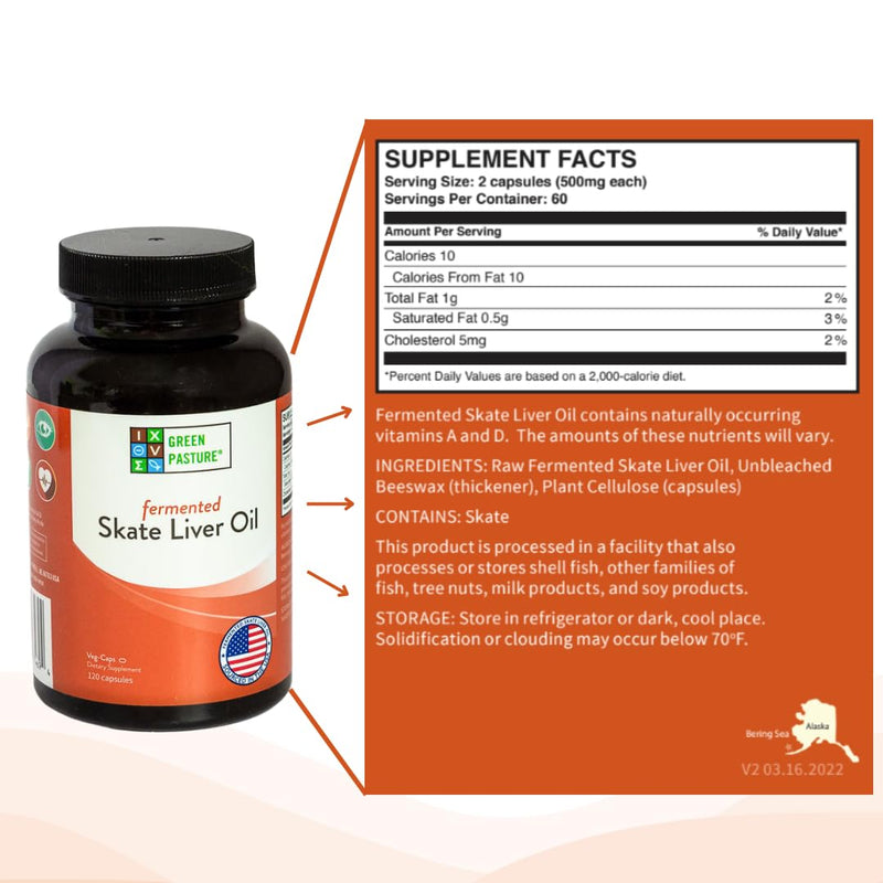 Green Pasture Fermented Skate Liver Oil Capsules - Wild Caught, Omega-3 Supplement, Vitamins A & D, EPA/DHA, Non-Gelatin 120 Count
