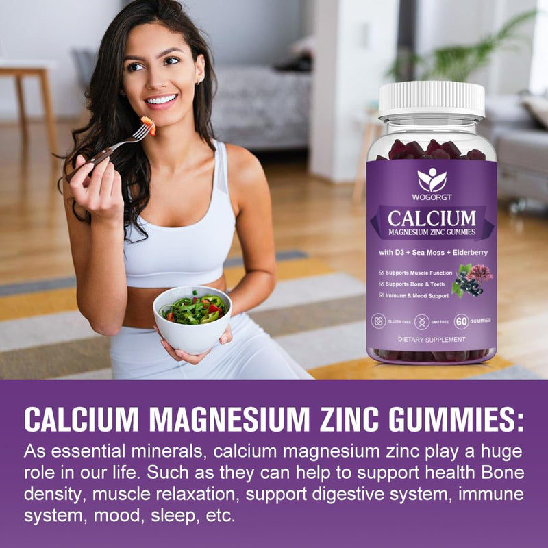 2Pack Calcium Magnesium Zinc Gummies with Vitamin D3 for Women & Men, 60Ct | WOGORGT - Chewable Calcium Magnesium Zinc D3 Supplement with Sea Moss, Elderberry for Bone, Teeth, Immune Support, Vegan 60 Count (Pack of 2)