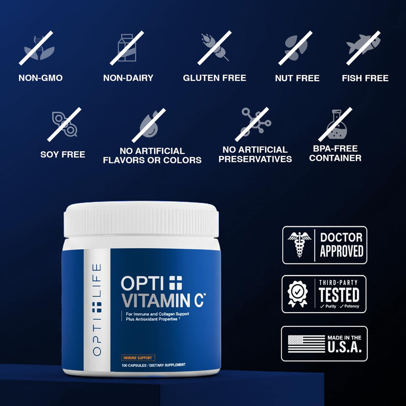 Opti+ Vitamin C 1000mg Capsules, Buffered Time-Release Formula with Rose Hips & Acerola for Immune & Antioxidant Support*, Vitamin C Essential Antioxidant, 100 Capsules, 100-Day Supply