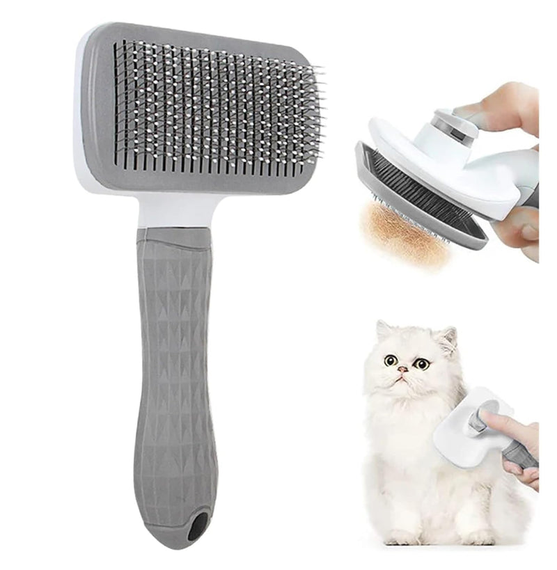 2-in-1 Pet Grooming Tool: Slicker Brush with Release Button for Cats & Dogs, Removes Tangles & Loose Fur, Ideal for Long or Short Hair, Grey - BeesActive Australia