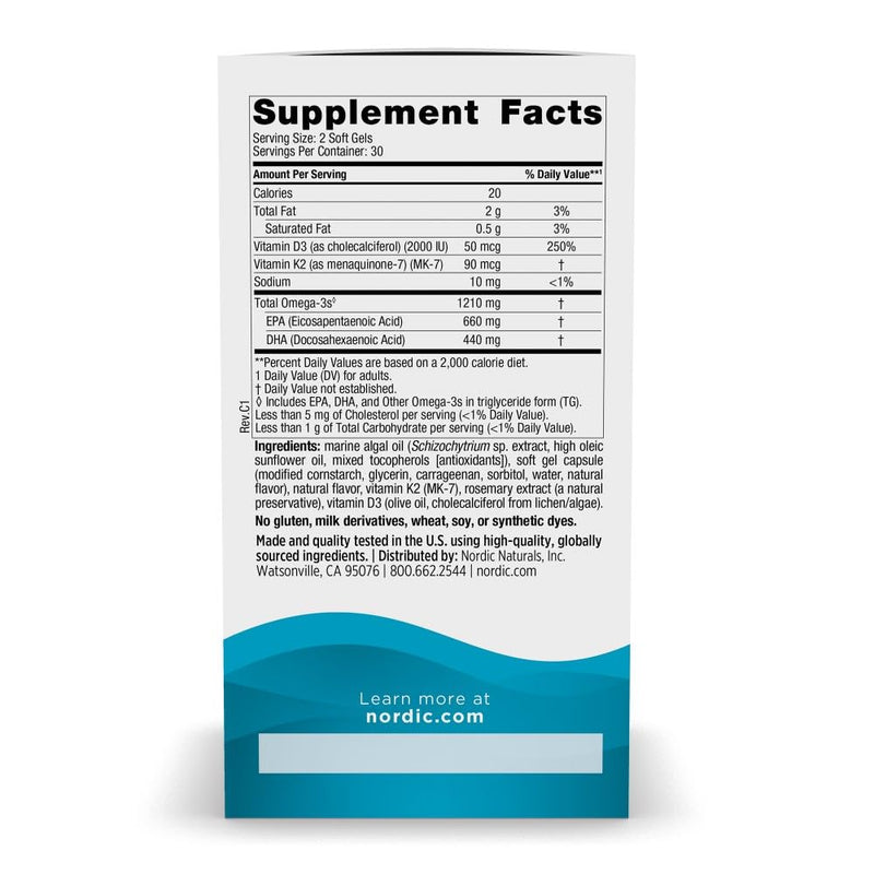Nordic Naturals Plant-Based Omega-3 D3+K2, 1210mg, Vegan Softgels - 60 Count