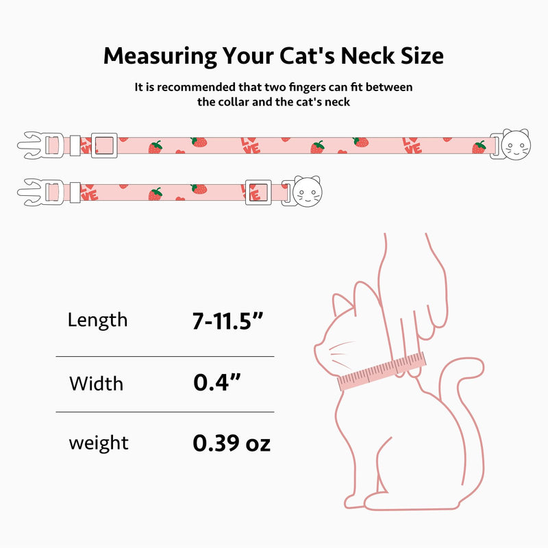 2 Pack Cotton Breakaway Cat Collar,Pink Strawberries and White Heart Shaped Pendant Kitten Collar Cute Cat Collar with Bell,Ideal for Girl Cats Boy Cats Pink&White - BeesActive Australia