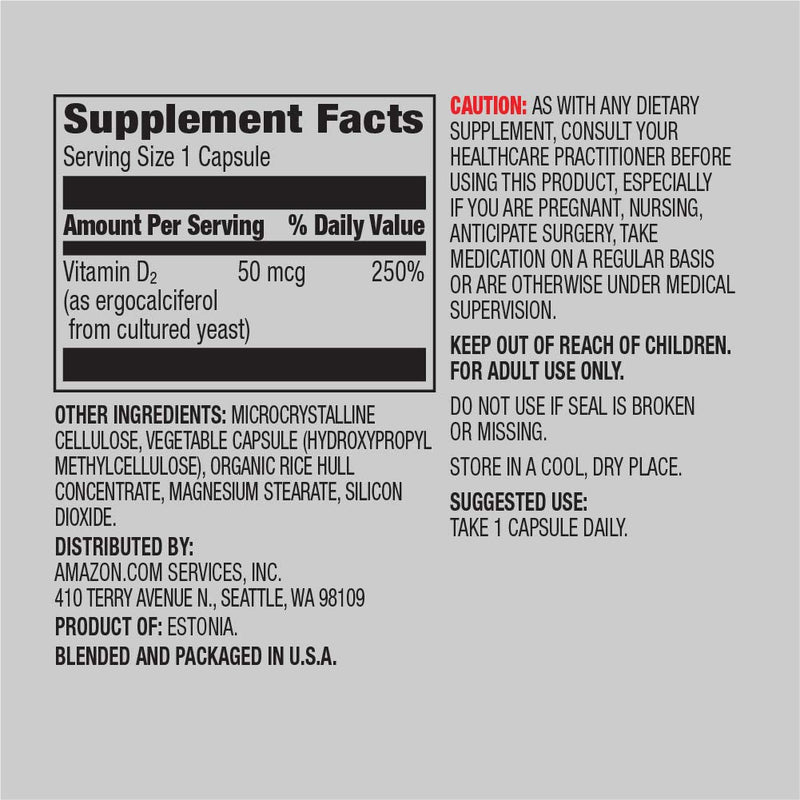 Amazon Elements Vitamin D2 2000 IU, Vegan, Supports Strong Bones and Immune Health, 2 Month Supply (Packaging May Vary), 65 Capsules (Pack of 2) 65 Count (Pack of 2)