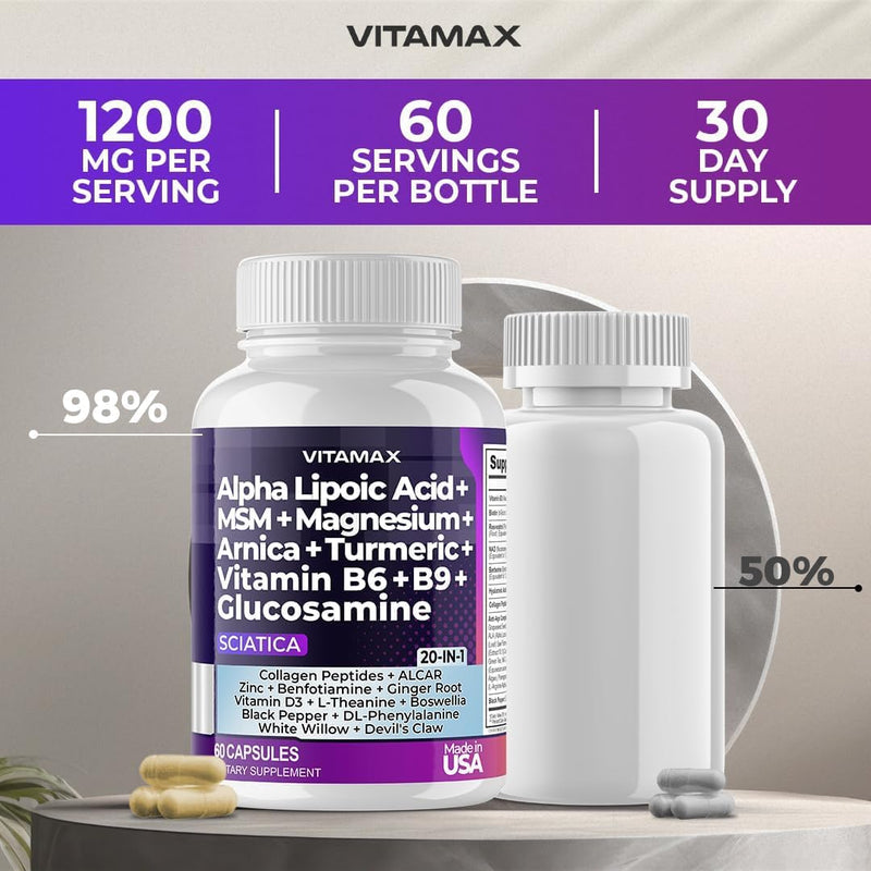 Sciatic Nerve Health Support - Sciatic Nerve Supplement Capsules with Folic Acid, Pea, Glucosamine, MSM, Vitamin B Complex, Alpha Lipoic Acid 300mg – 60ct – Made in USA 60 Count (Pack of 1)