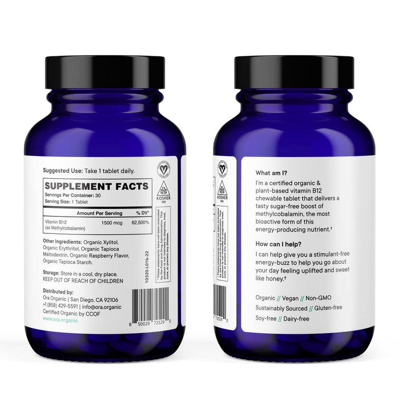 Ora Organic Vitamin B12 1500mcg - Plant-Based methylcobalamin for Adults - Natural Stimulant-Free Energy, Raspberry Flavor chewable Tablets, no Added Sugar - 30 Tablets (Pack of 2) 30 Count (Pack of 2)